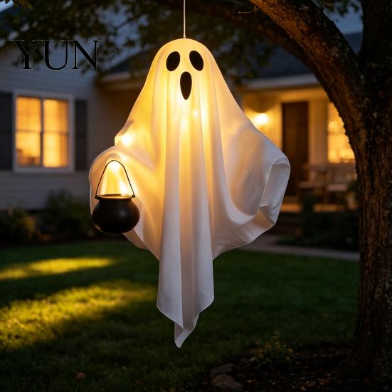 Night Festival Scene Decorations Halloween Hanging Ghost with LED Lights, Spooky White Gauze Glowing Ornament, Unique Gift Ideas Flexible Figures for