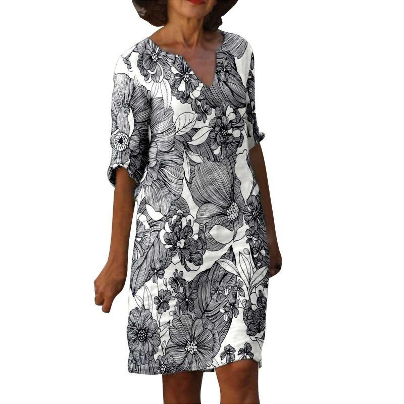 Women's Spring and Summer Fashion Painting Printed Five Sleeve Multi Color Medium Length Dress