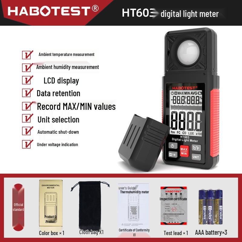 HABOTEST HT603 Высокоточный люксметр, термометр и гигрометр для промышленного контроля