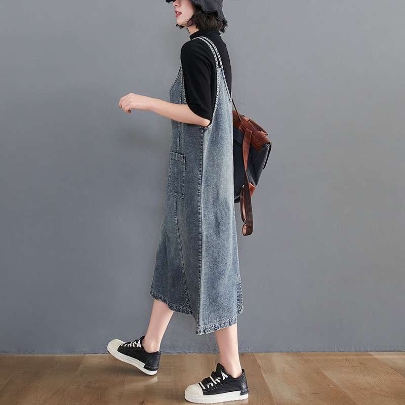 Women Summer Dress Sleeveless Dress Elegant Long Dress Loose Denim Blue Basic Dresses