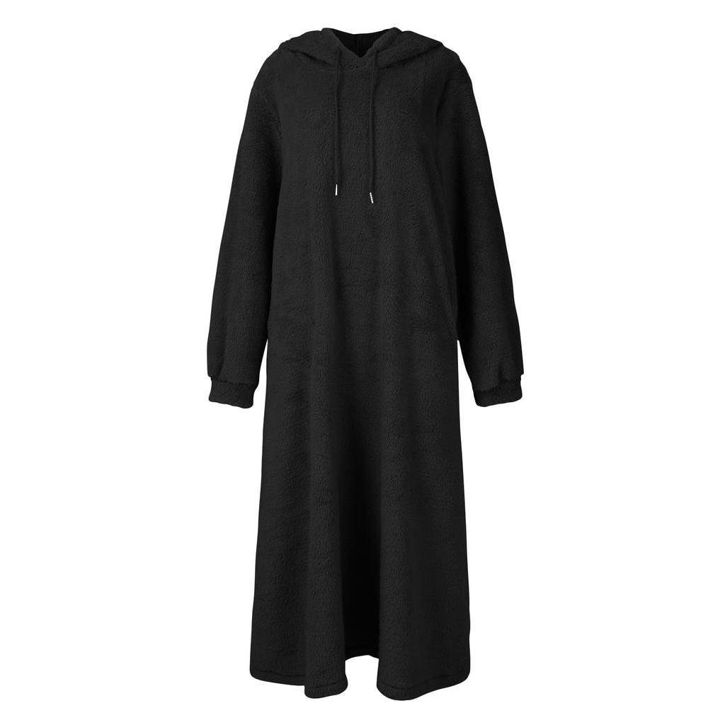 Women's Casual Round Neck Long Sleeved Pullover Loose Wool Hooded Long Sleeved Dress