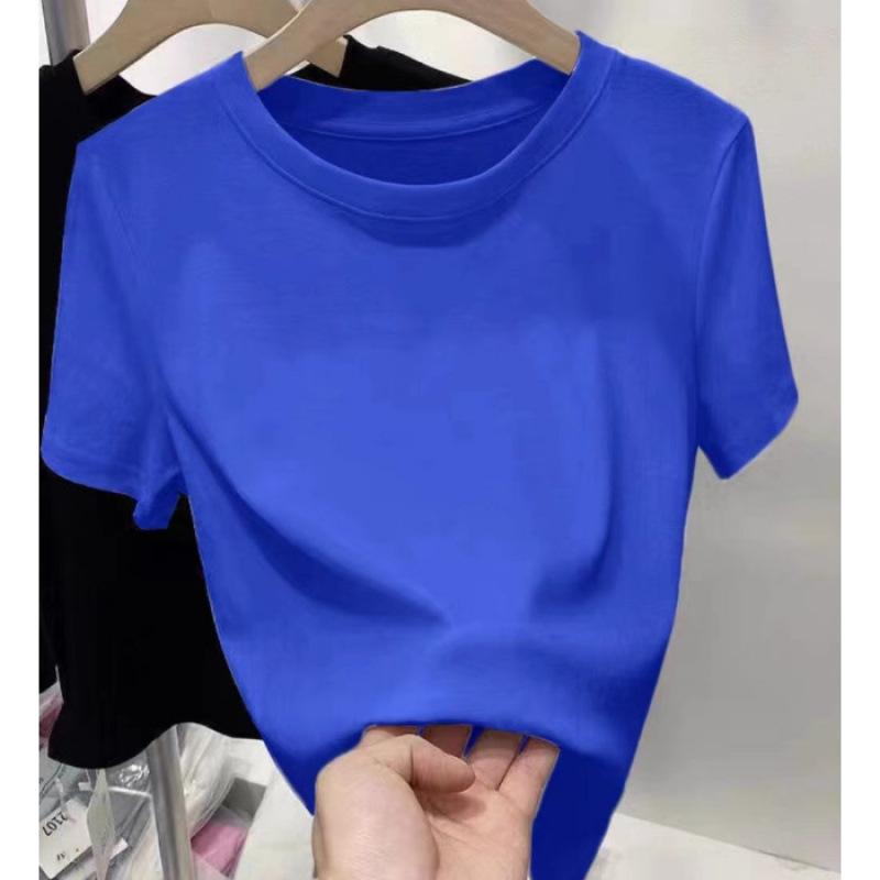 Selection quality pure cotton basic front shoulder round neck short-sleeved T-shirt women's summer design sense white slim and thin