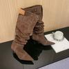 Fashion New Style Car Stitching Pleated Lazy High Cylinder Stack Boots Women's Autumn and Winter Brown Black Slim Heel Knee High Boots
