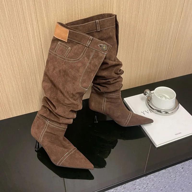 Fashion New Style Car Stitching Pleated Lazy High Cylinder Stack Boots Women's Autumn and Winter Brown Black Slim Heel Knee High Boots