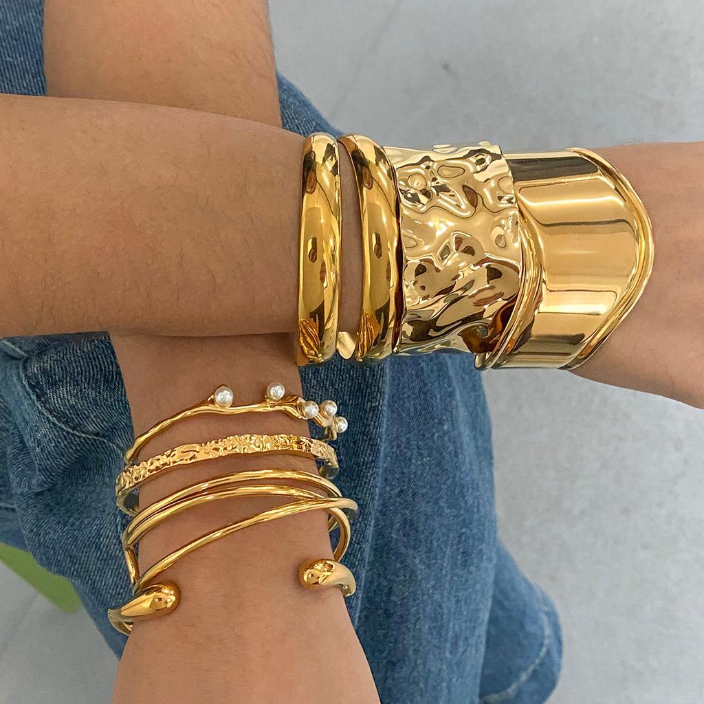 Minimalist High Polished Bangle Personalize Jewelry 18k Gold Plated Stainless Steel Engravable Double Layer Open Bangle Bracelet