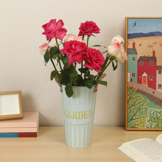 Глубокое ведро-ваза Оцинкованное железное ведро для цветов с веревочными ручками Ретро фермерская ваза для домашней цветочной композиции