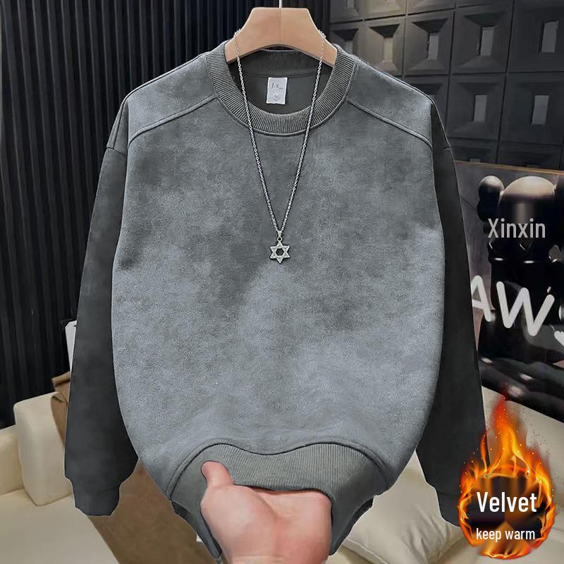 Men's Slim Fit Velvet Hoodie - American Style, Versatile Round Neck, Casual Long Sleeve, Autumn/Winter Fashion.