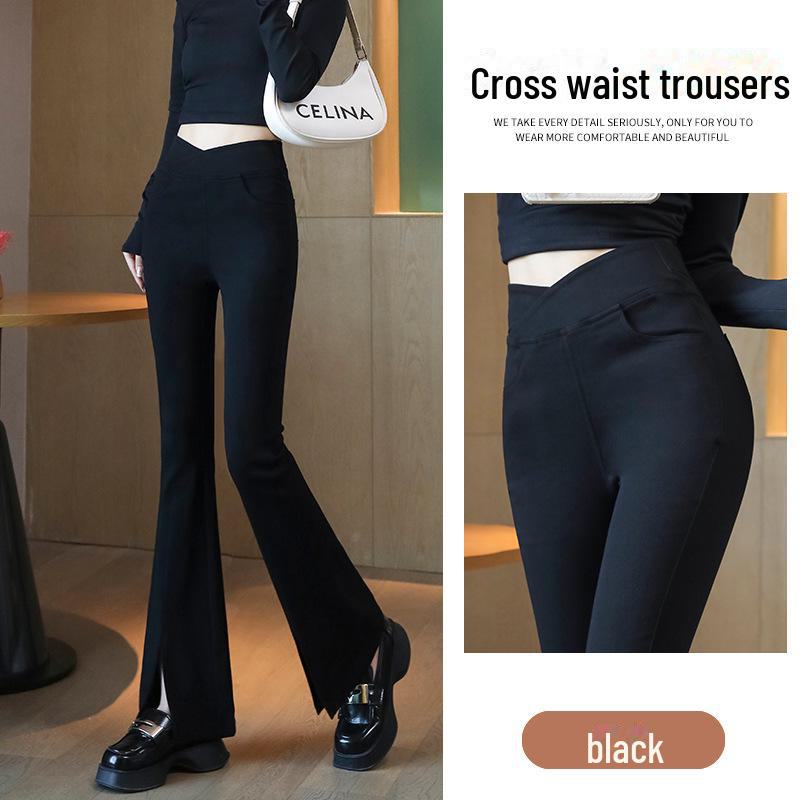 High-Waist Black Plush Flared Pants for Women - Slim-Fitting, Elastic, Avocado Color, Ideal for Autumn/Winter.