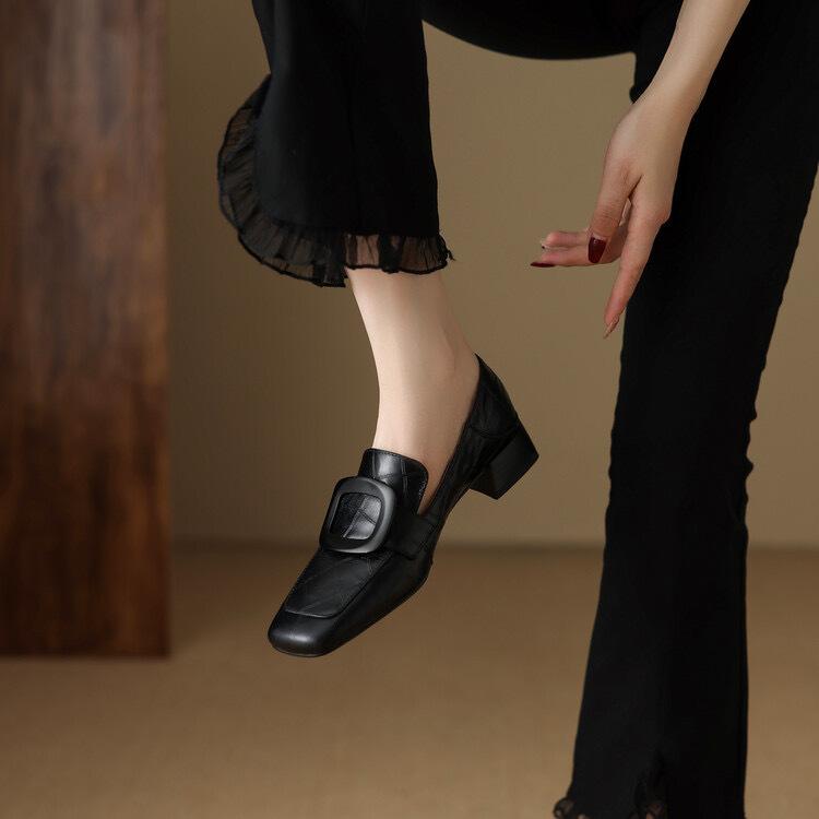 French Temperament Retro Loafer Small Leather Shoes British Style Thick Heel Low Heel One Pedal Comfortable Deep Mouth Square Buckle Single Shoes Wome