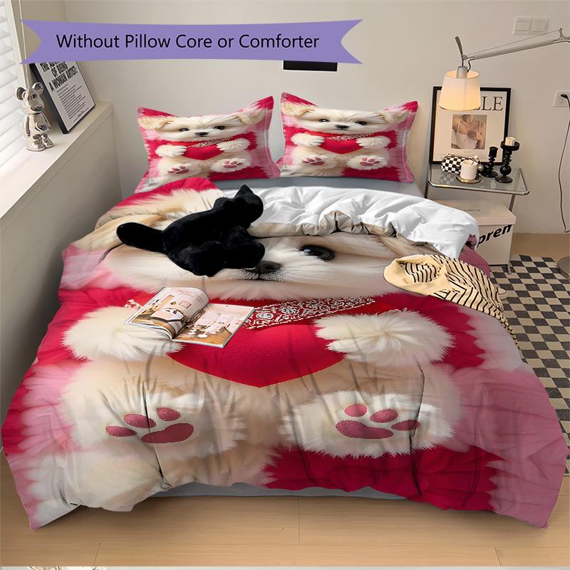 3pcs Anime Cute Dog Heart Pillowcase Set - Includes One Quilt Cover and Two Pillowcases (No Core) - Polyester Fabric, Perfect for Bedroom and Gue