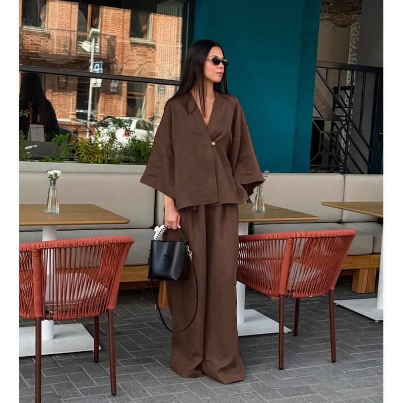Womens Loose Brown Cotton Linen 2-Piece Set 2025 Fall Casual Cardigan Pants Office