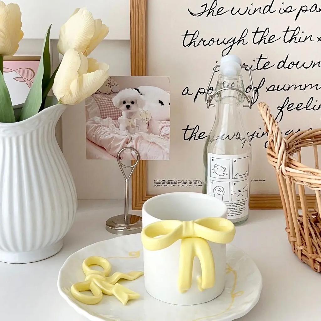 Симпатичная тарелка с 3D-бантом и кофейная кружка, расписанная вручную, керамическая тарелка, украшение для гостиной, спальни, обеденного стола, тарелка для фруктового салата