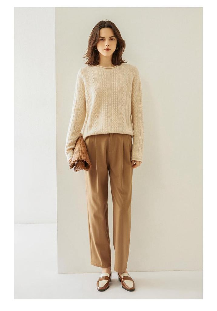Women's Retro Cable Knit Cashmere Sweater, Round Neck with Rolled Hem, Thick Loose Fit, Cozy Inner/Base Layer.