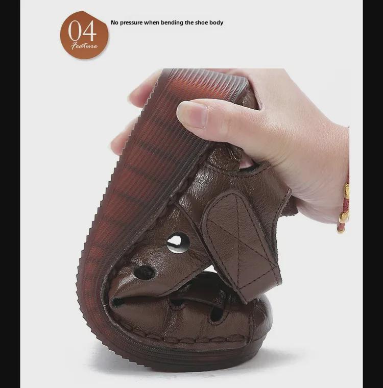 Women's Genuine Leather Thick-Soled Roman Sandals - High-Heel, Breathable, Comfortable for Mothers