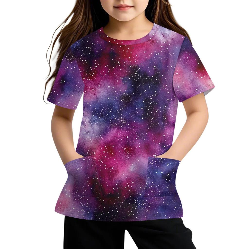 Детская футболка с короткими рукавами и карманами, повседневная футболка с принтом, круглый вырез, блузка-пуловер