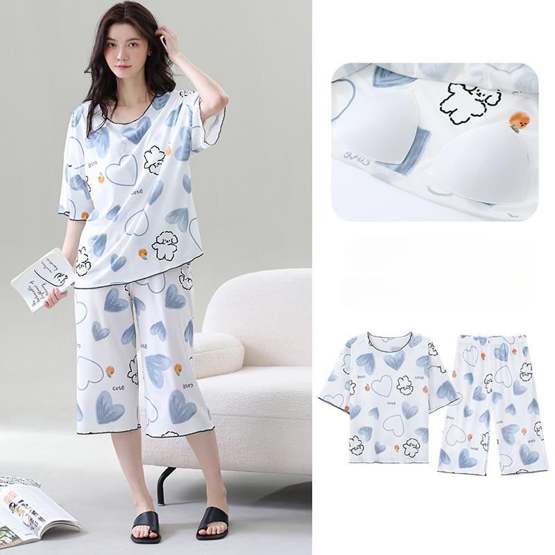 Летний пижамный комплект с нагрудником для женщин больших размеров 4XL 5XL с цветочным принтом, топы с короткими рукавами и брюки-капри, женская повседневная пижама, домашняя одежда