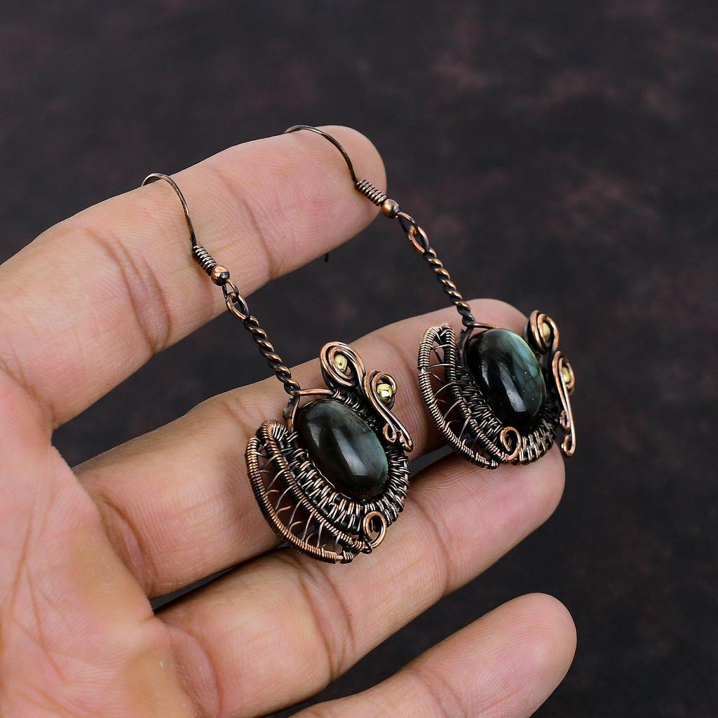 Серьги с лабрадоритом, серьги из медной проволоки, ювелирные изделия из драгоценных камней, серьги ручной работы, замечательные медные украшения, подарок на помолвку, стильные серьги