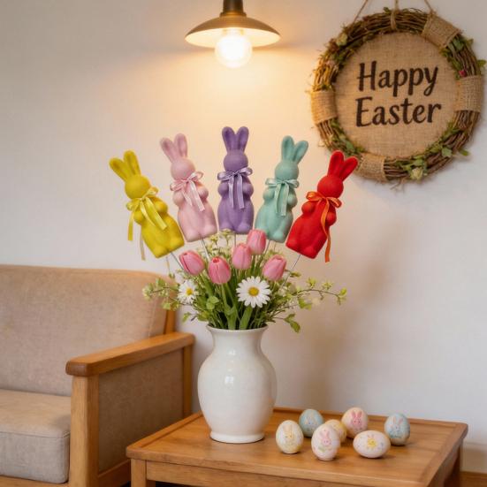 Пасхальная фигурка кролика с флоком Маленький пенопластовый кролик с галстуком-бабочкой Весенний кролик-кол для улицы, дома, двора, газона, кашпо, горшка, декор