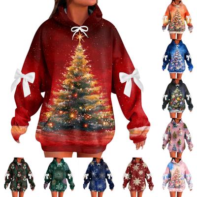Женский рождественский с принтом банта, с длинными рукавами, свободного кроя, повязка на голову с веревкой, худи-топ с капюшоном
