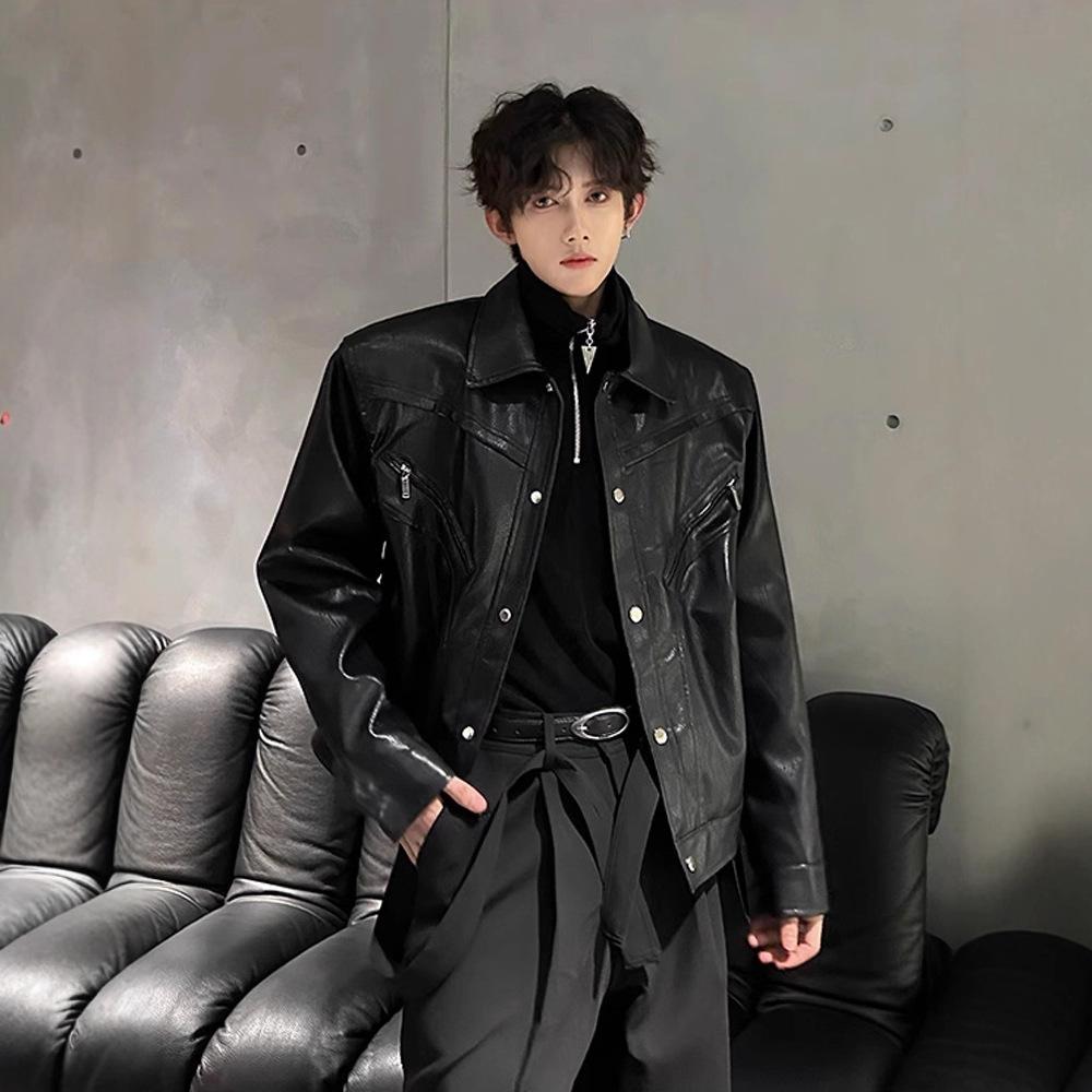 Короткая кожаная куртка с подплечниками, мужская, модный бренд, хулиганская, красивая, высококлассная одежда для мотоциклистов, cleanfit, американская куртка-бомбер
