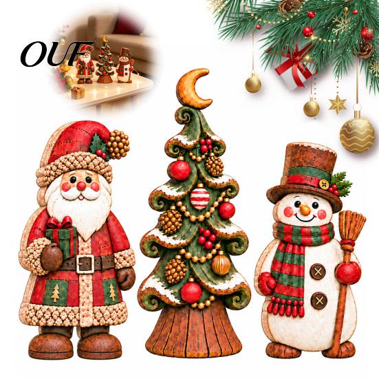 Wooden Holiday Gift for Friends 3 Pcs Christmas Table Decoration, Rustic Snowman Santa Claus Xmas Tabletop Indoor Shelf Decor Sign, 2D Flat