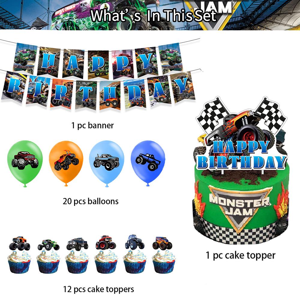 34pcs Monster Truck Birthday Party Supplies Include Banner Cake Topper Balloon