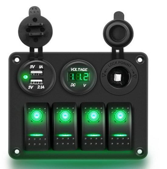 Синяя панель 4 в 1 для лодки и автомобиля: Выключатель + Зарядное устройство + Вольтметр + Гнездо прикуривателя