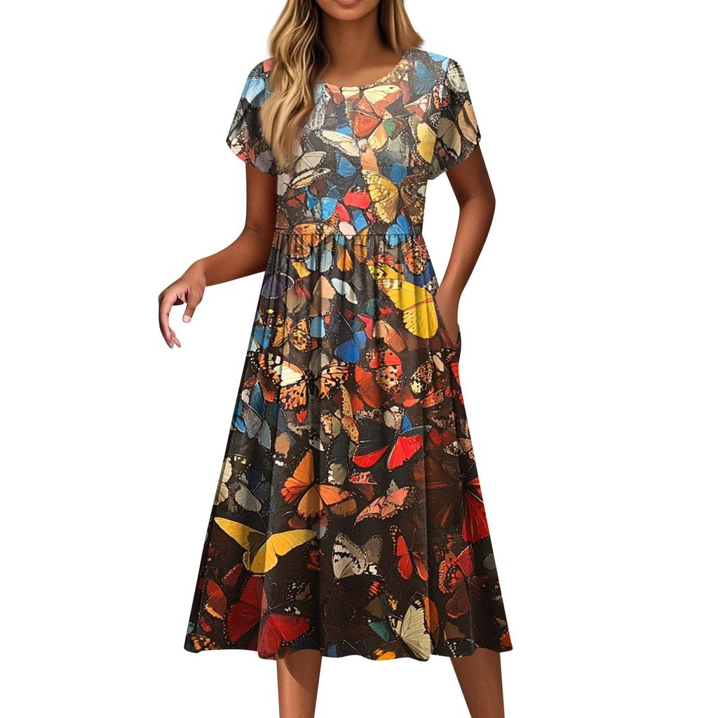 Women's Fashion Casual Loose Printed Round Neck Pocket Short Sleeve Dresses