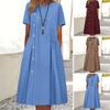 Женское платье миди с декором на пуговицах, круглый вырез, сплошной цвет, свободный подол, плиссированные платья с карманами, дышащее женское летнее платье больших размеров, женская одежда