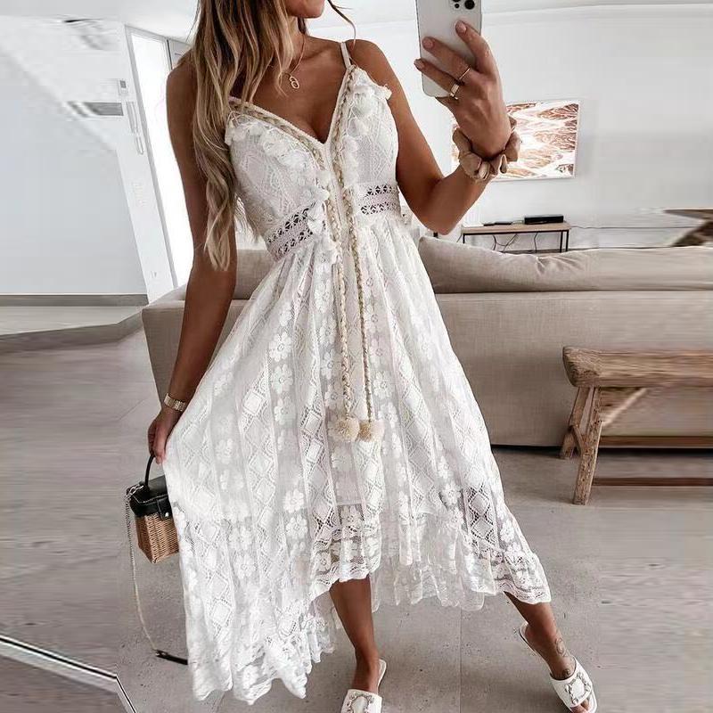 Летнее кружевное платье, элегантное женское праздничное платье с v-образным вырезом на бретельках, сарафан в стиле бохо, белое платье макси для женщин, Vestidos De Mujer 22194