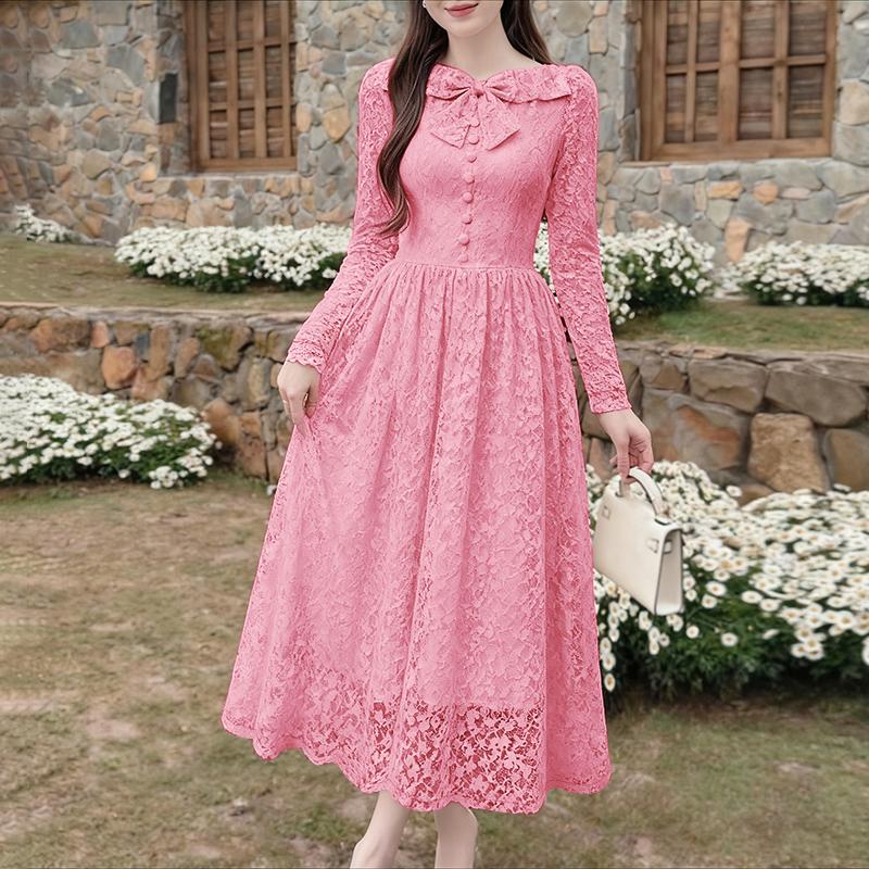 ZANZEA Женское элегантное кружевное платье с круглым вырезом и длинными рукавами