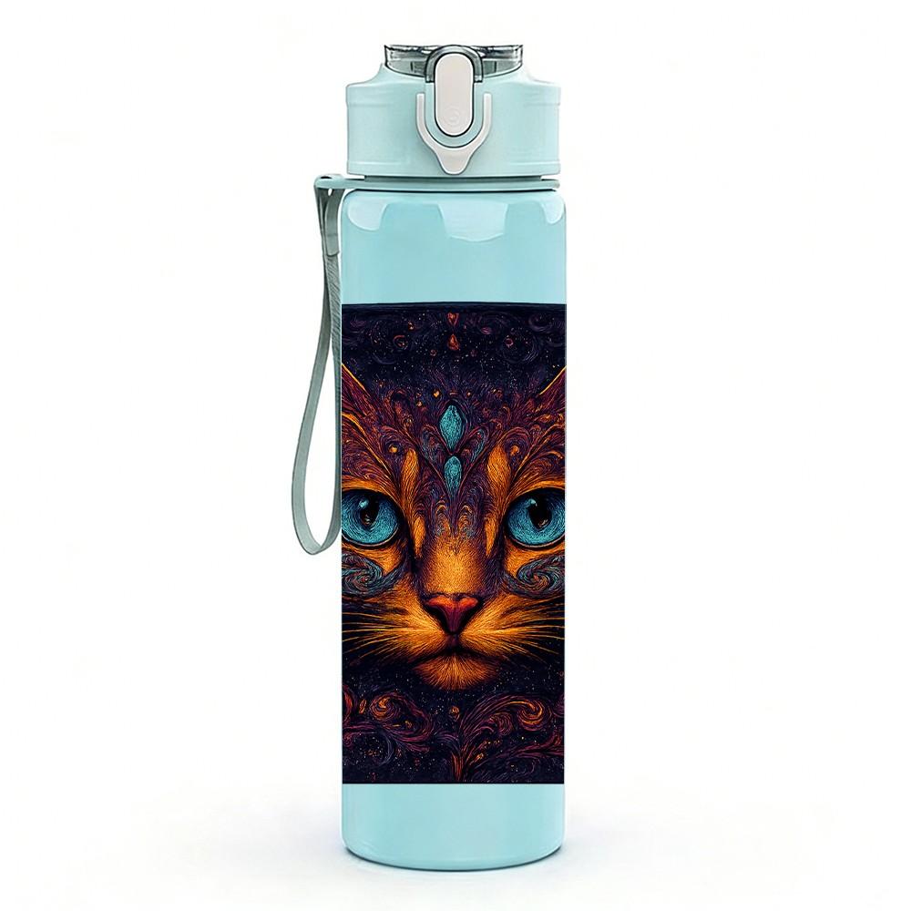 1PC Mystic Colorful Cat Face 750ml Color Plastic Sports Water Bottle Leakproof Flip Straw Lid Suitable for Sports Office Home Use