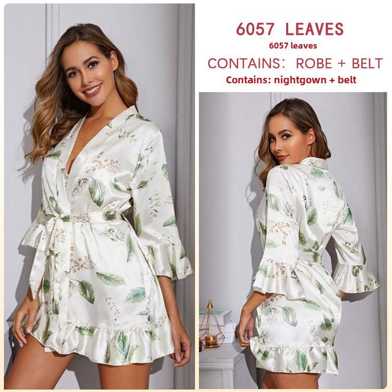 Пижама с принтом в виде листьев, женская летняя шелковая ночная рубашка, халат, домашняя одежда для женщин