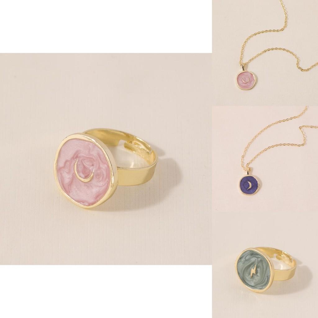 Элегантный набор украшений: серьги-кольца, ожерелье, кольцо с сердечками, луной и звездами, геометрический, из сплава с покрытием