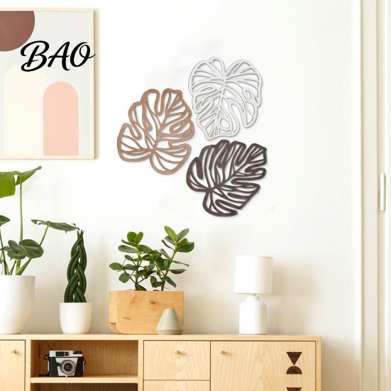 Minimalist Tropical Home Decor 3Pcs Hollow Monstera Leaf Wall Decoration, Wooden Art Hanging Plaque, Decorative Boho Living Room Accents Sculpture