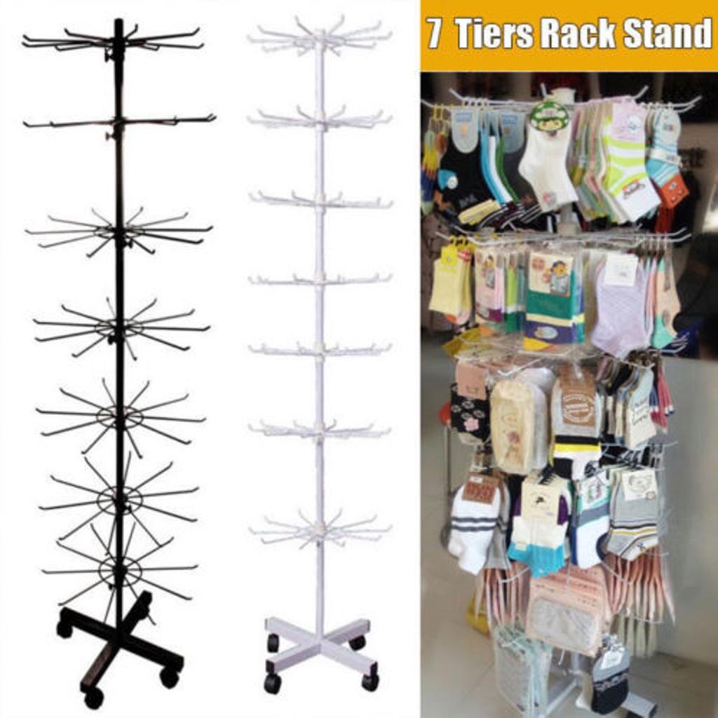 7-уровневая стойка для демонстрации носков, шляп, кепок, париков, шарфов, браслетов, подвесок с 70 крючками. Полка-стойка. Белая/Черная. Новая. Вращающаяся стойка
