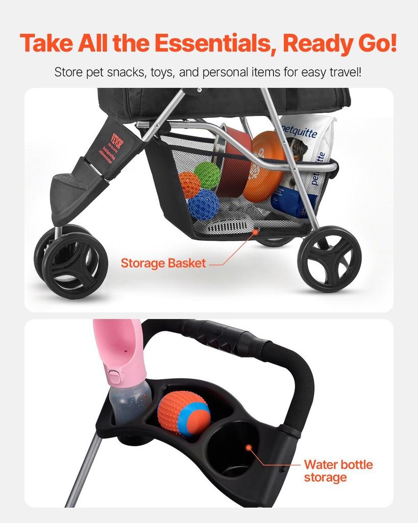 Pet Stroller Foldable 3 Wheels Travel Dog Stroller with Brake up to 35lbs