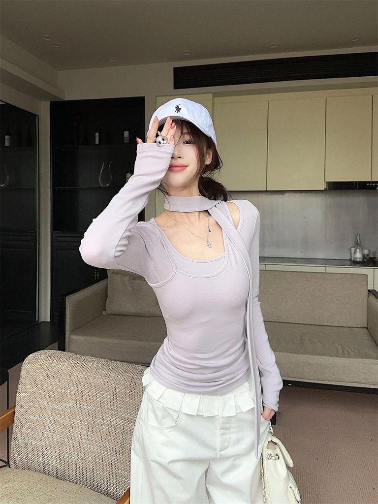 Женская весенняя ветрозащитная футболка с длинными рукавами и лентой, состоящая из двух частей