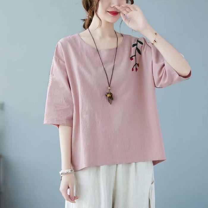 Футболка из хлопка и льна с короткими рукавами для женщин на лето, новая, большого размера, в стиле ретро, вышитая, льняная, свободная, повседневная