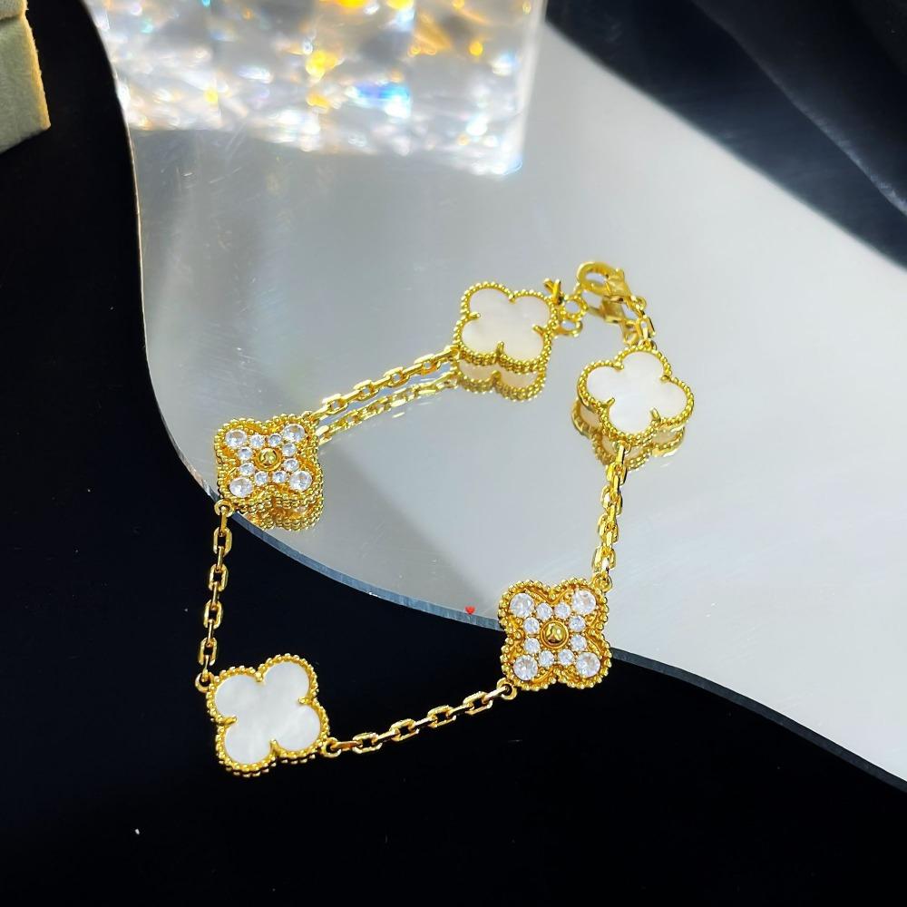 Браслет «Четырехлистный клевер» с пятью цветками, версия High, натуральный фиолетовый халцедон, лазерная CNC-резьба, 18 карат, не тускнеющий, женский браслет