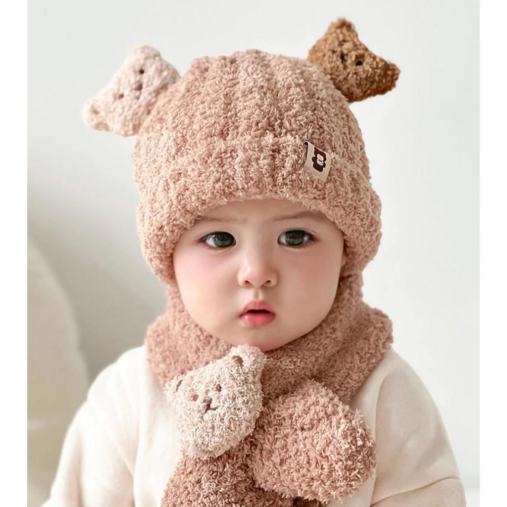Baby Autumn and Winter Warm Hat Plush Scarf Two-piece Set Cute Teddy Bear Thick Male and Female Baby Yarn Hat