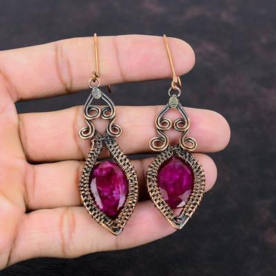 Серьги из граненого кашмирского рубина, медная проволочная обертка, серьги из натурального драгоценного камня, медная серьга, ювелирные изделия ручной работы, проволочная обертка, серьга для мамы