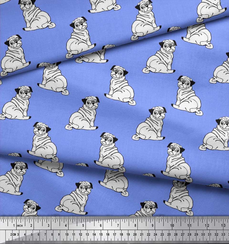 Soimoi Japan Crepe Satin Fabric Pug Dog Print Fabric by Metre 42 Inch Wide
