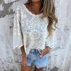 Женские топы с круглым вырезом и рукавами 3/4, свободная посадка, украшенная кружевом, повседневная рубашка, однотонные дышащие нестандартные топы