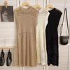 Summer Sleeveless O Neck Hollow Out Knitted Mesh Short Dress Women Fashion Loose Casual Holiday High Split Sexy Party Dresses Solid Thin Covers Up