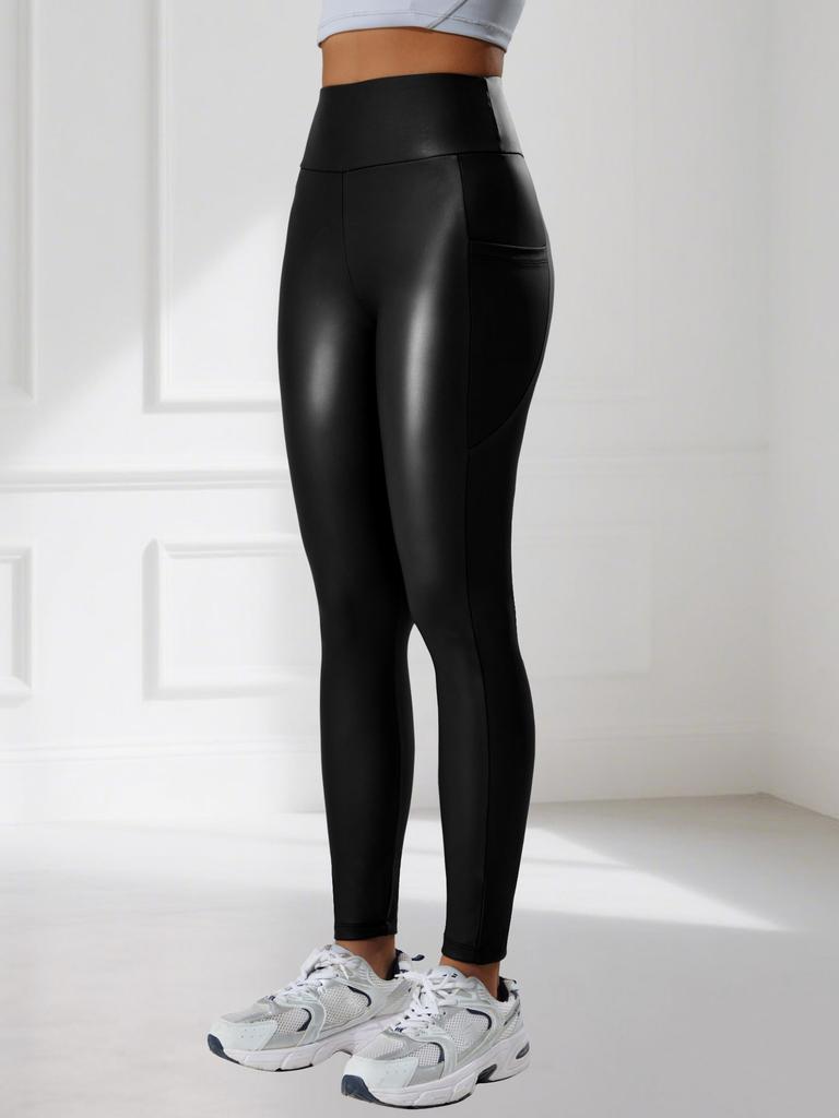 Брюки из ПУ кожи с высокой посадкой, карманами, для йоги, спортивные, фитнеса, бега, леггинсы, ночной клуб