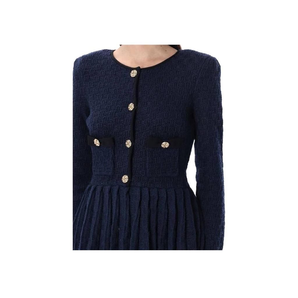 Self-Portrait Round Neck Knitted Pleated Short Wool Long Sleeve Dress Women dress Navy-Blue RS24153SBLNAVY