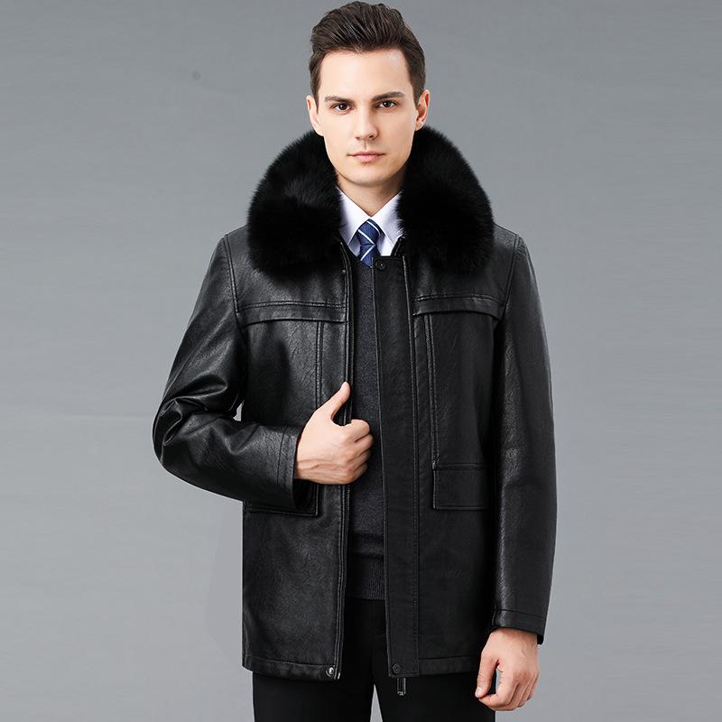 Winter Middle-Aged Men'S Removable Liner Leather Jacket Jacket Sheepskin Coat Genuine Leather Fur Collar Piled And Thickened
