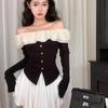 Y2k Sexy T Shirt Women French Style Elegant Fashion Off Shoulder Crop Top Female Autumn Flare Sleeve Slash Neck Ruffle Slim Tees