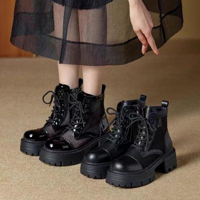 Модные летние черные ботильоны на молнии 2024 года, новые модные сетчатые босоножки с квадратным носком и толстым каблуком, однотонные женские туфли на платформе